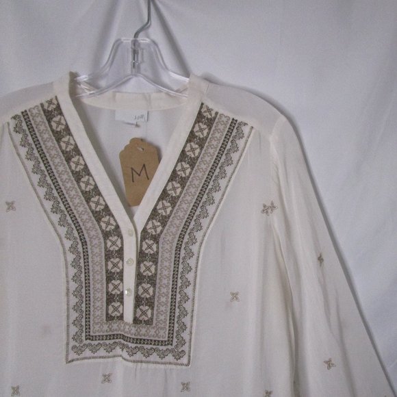 Cream Blouse Long Sleeve Motif Pattern Flowing J. Jill Size Medium Petite - Picture 2 of 3